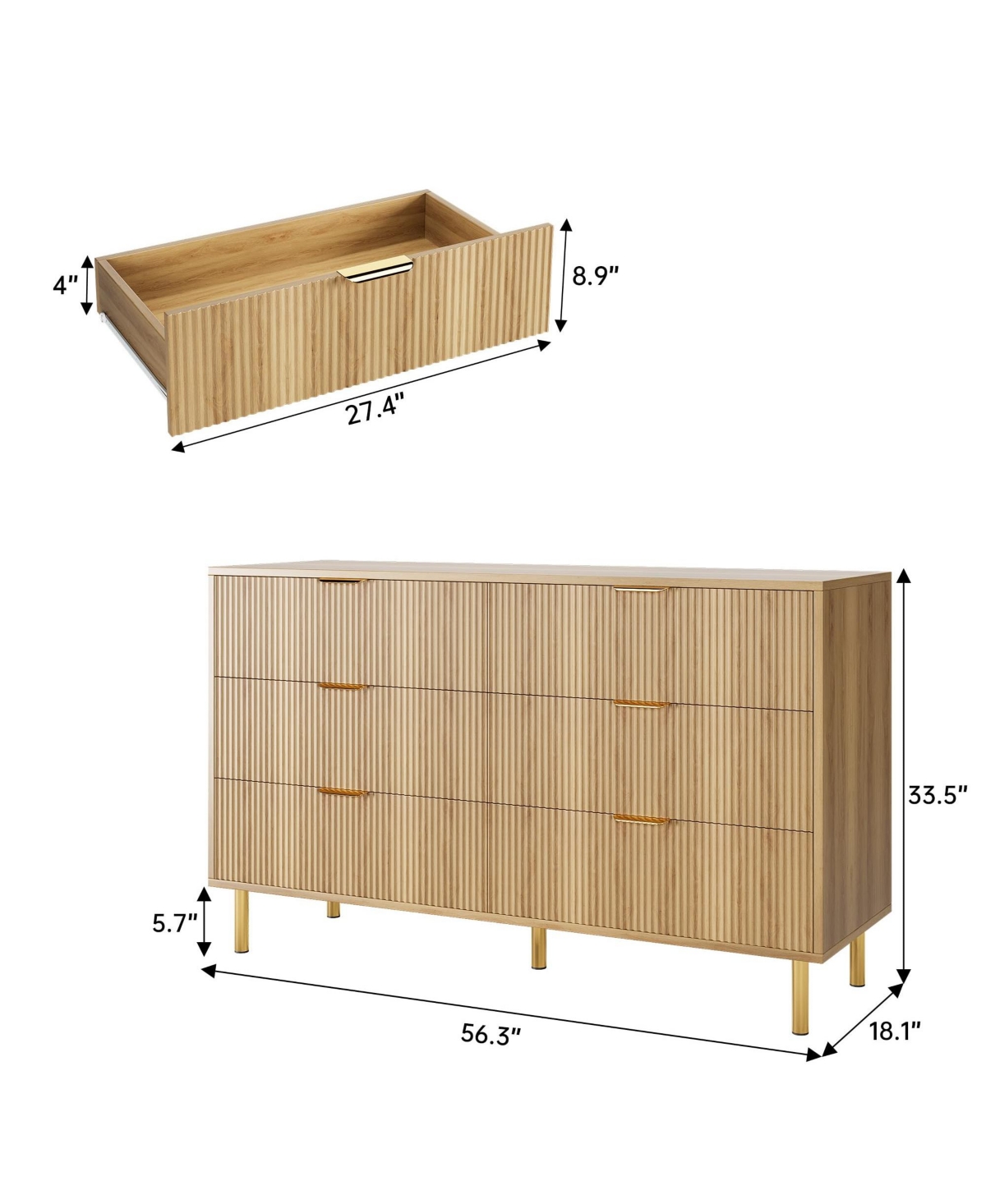 gaomon6 Drawer Dresser for Bedroom, 56” Wide Wood Dresser Organizer with Metal Legs - Brown