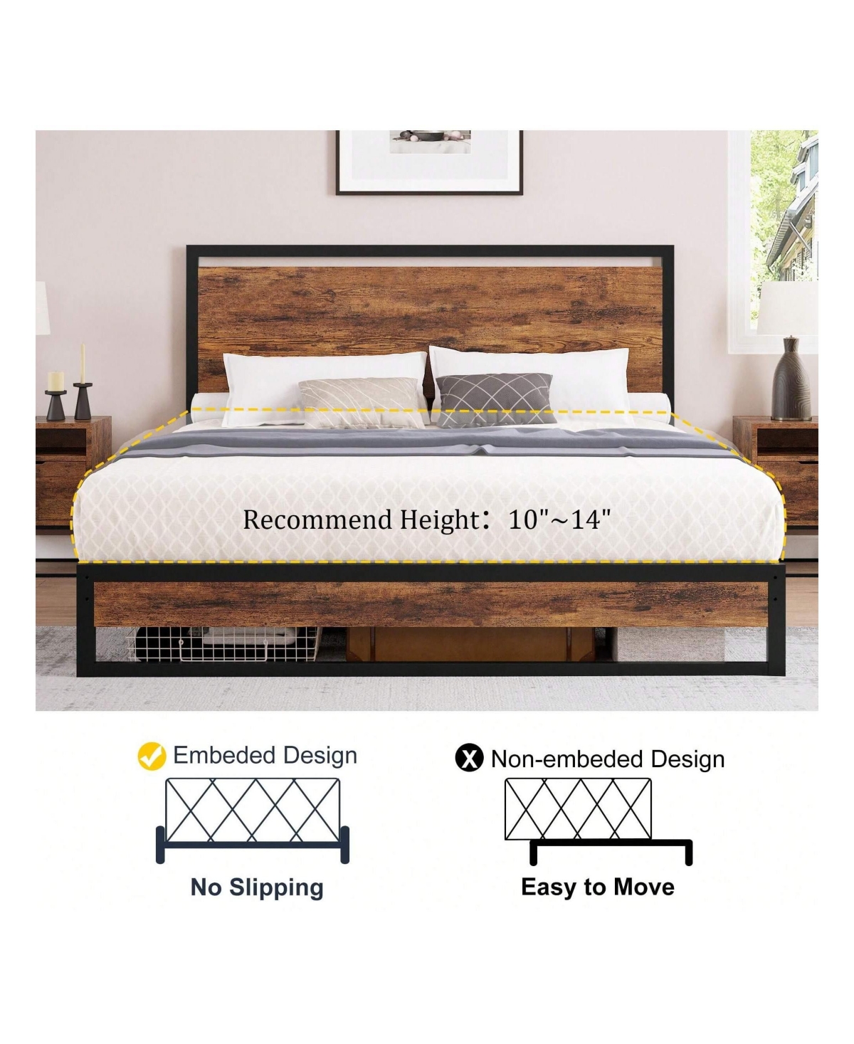 gaomon Inch Metal Platform Bed Frame With Wooden Headboard And Footboard, Mattress Foundation