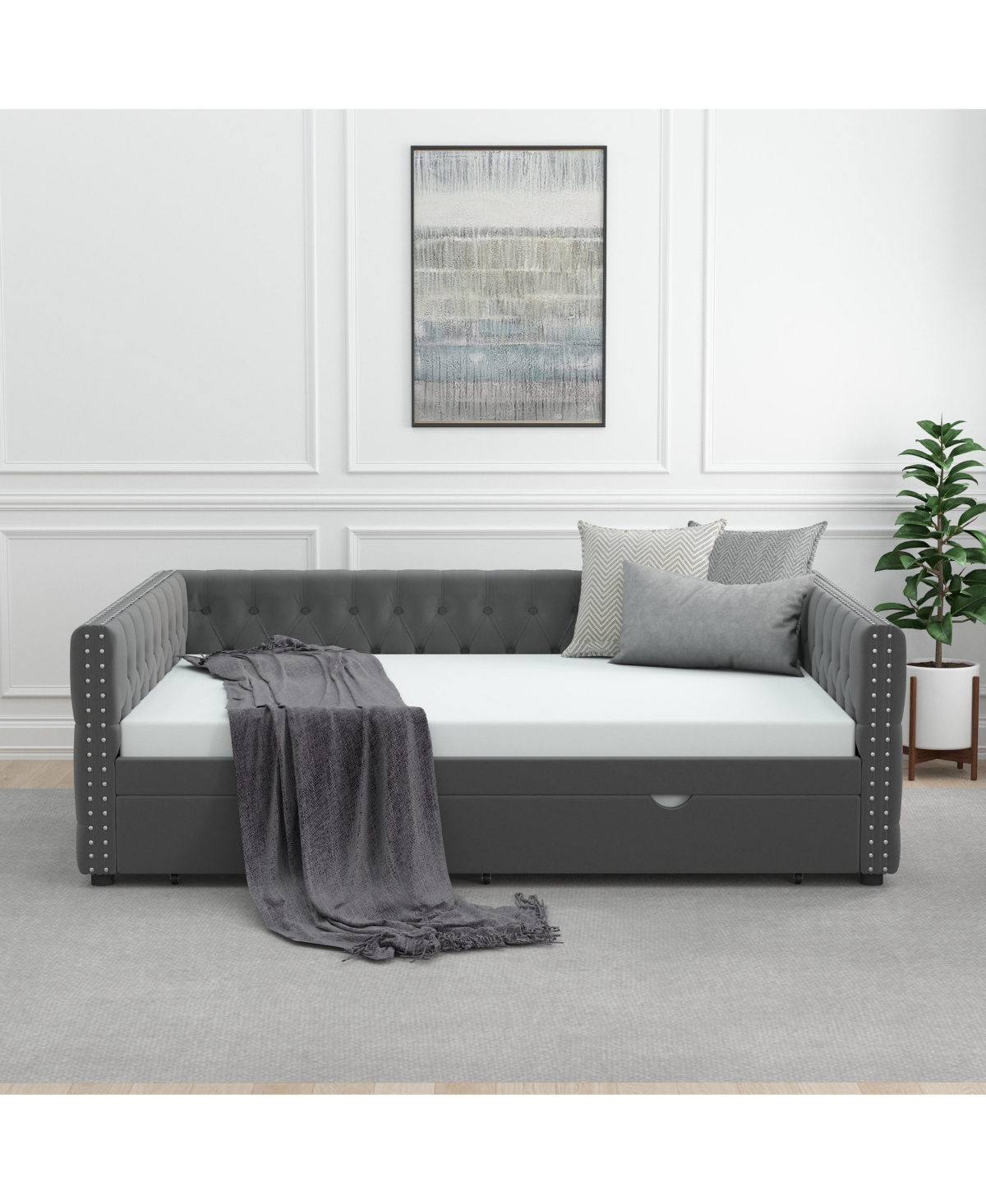 Slickblue Velvet Upholstered Daybed with Trundle - Tufted Full Sofa Bed for Bedroom or Guest Room