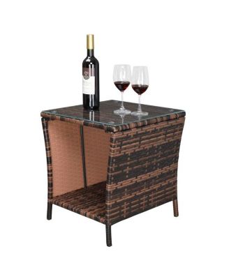 Brown Gradient Iron Frame Rattan Side Table with Glass Surface - Elegant Design