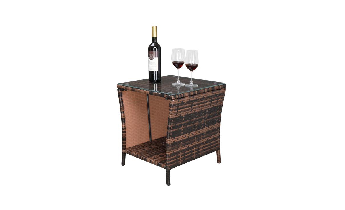 SlickblueGradient Iron Frame Rattan Side Table with Glass Surface - Elegant Design - Brown