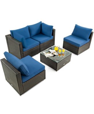 5 Pieces Cushioned Patio Rattan Furniture Set with Glass Table