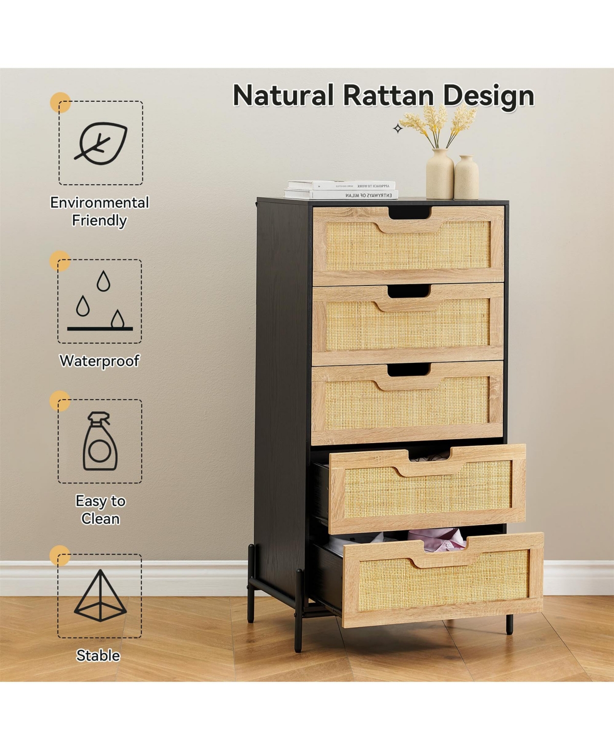 gaomon Modern Rattan 5 Drawers Dresser, Double Dresser for Bedroom, Chest of Drawers Closet Organizers and Storage Clothes