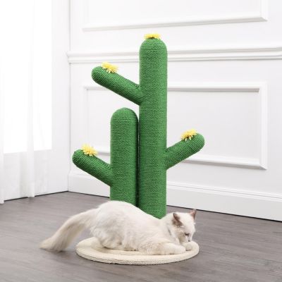 Socorro 34.25" Modern Jute Double-Cactus Cat Scratching Post with Flower Toys, Green/White