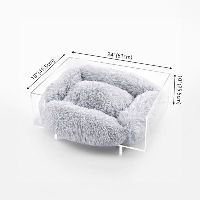 Carole 24" x 18" Small/Medium Modern Acrylic Calming Fluffy Pet Bed with Washable Cushion, Light Gray/Clear