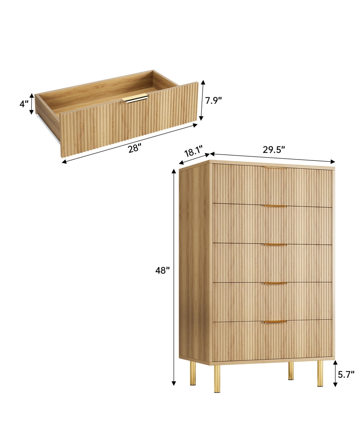 gaomonDresser, Modern 5 Drawer Dresser for Bedroom with Gold Handle and Large Drawer - Brown