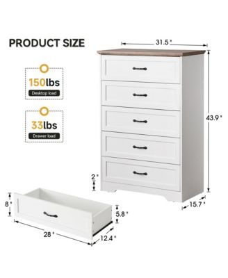 Modern 5 Drawers Dresser, Chest of Drawers Closet Organizers and Storage Clothes, Modern Dressers(White and Brown)