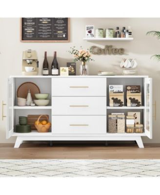 56" Sideboard Cabinet with Fluted Glass Doors & Drawers – Freestanding Buffet Storage Organizer for Kitchen, Dining & Living Room.