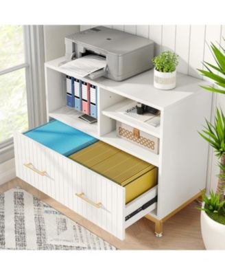 Lateral File Cabinet with Drawer Adjustable Hanging Rod for Letter A4 Files 35.4-Inch Wood Modern Printer Stand with Open Storage