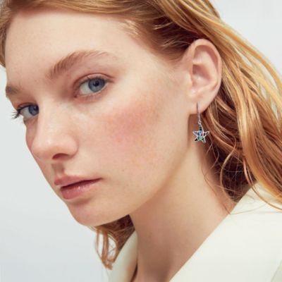 Nautical Vacation Honeymoon Marine Life Beach Iridescent Abalone Shell Inlaid Drop Starfish Earrings .925 Sterling Silver Lever Back