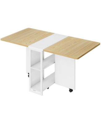 Folding Dining Table, Drop Leaf Dining Table with 6 Wheels and 2-Layer Storage Shelf, Space Saving Dining Table for Small Spaces Collapsible Expandable Rectangle for Dining/Kitchen Room