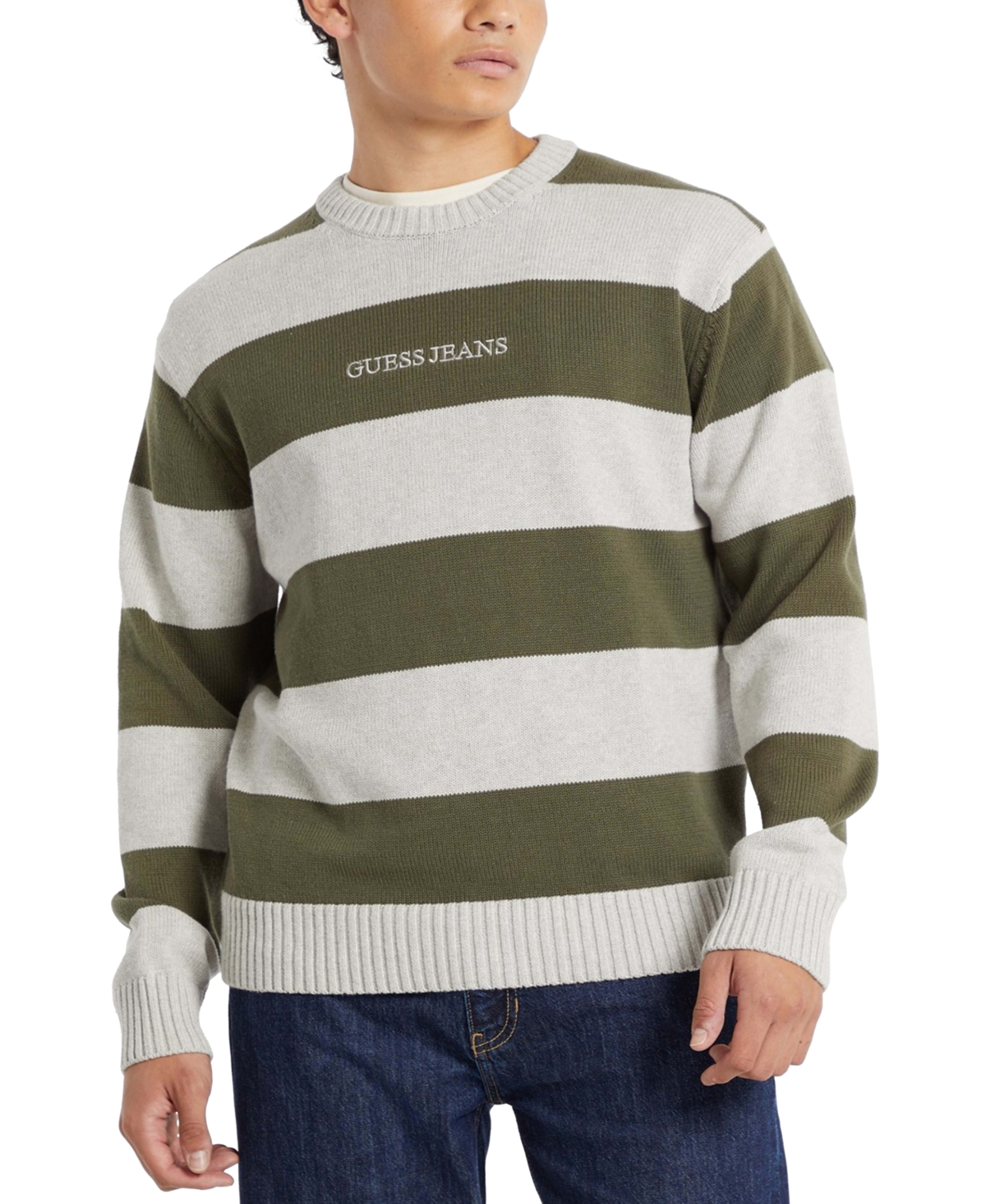 Guess Jeans Men's Stripe Logo Sweater In Dark Oak