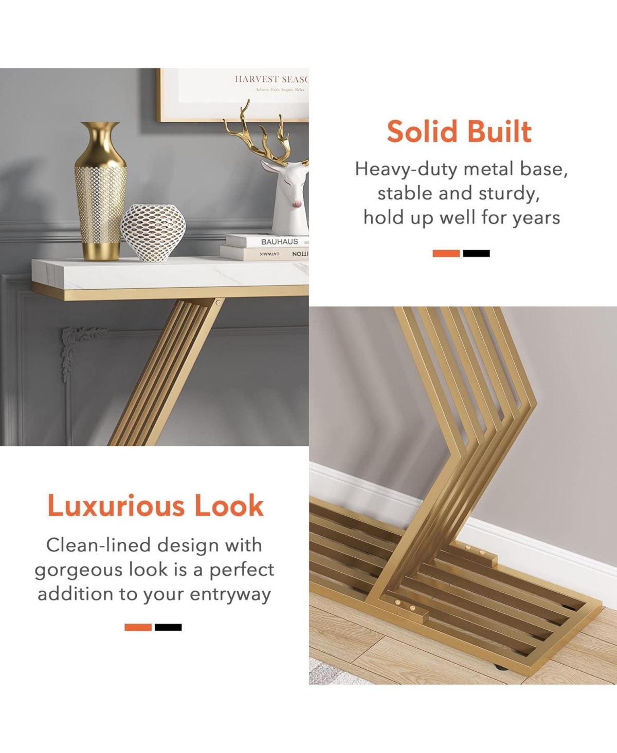 Tribesigns inches Modern Gold Console Table with Geometric Metal Base, White Faux Marble Narrow Entryway Table Foyer Table - White and gold