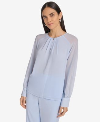 Calvin Klein - Women's Pleated-Neck Sheer-Sleeve Top