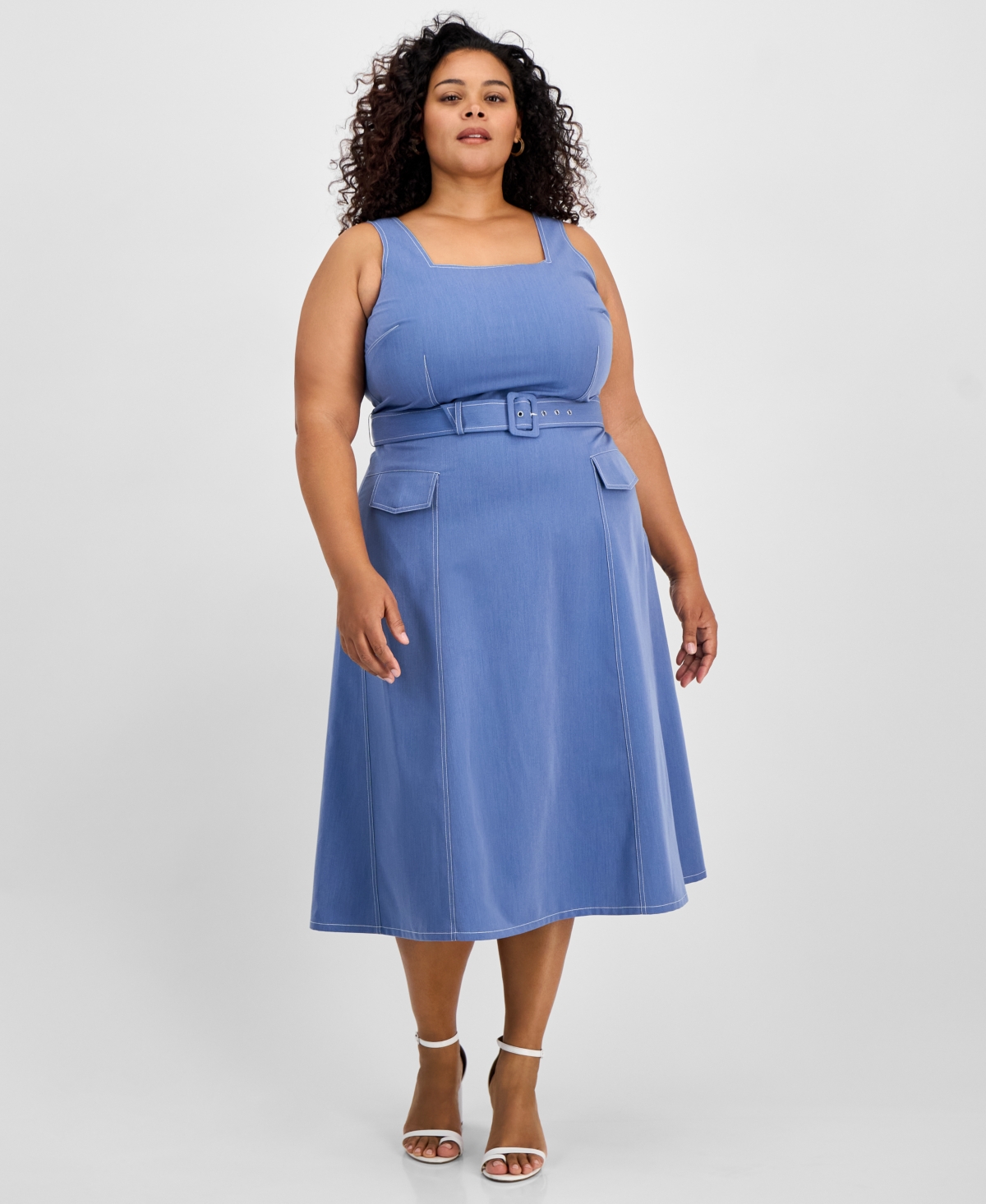 TAHARI TAHARI PLUS SIZE DENIM BELTED SQUARE-NECK MIDI DRESS 