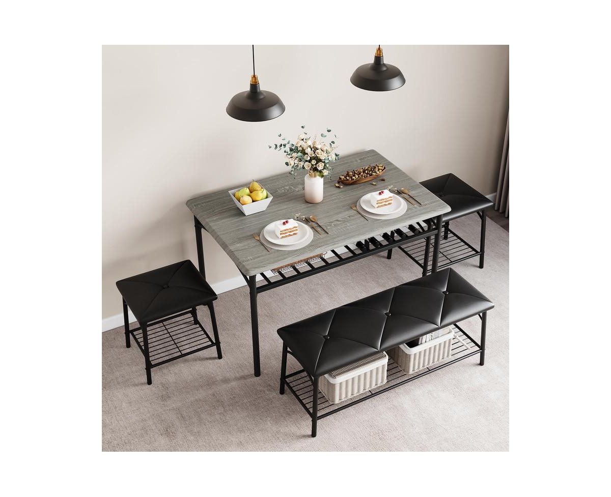 gaomon Dining Table with Benches, Kitchen Table Set for 4, Dining Room Table Set with Upholstered Bench and Square Stools, Metal and Wood Dining Table