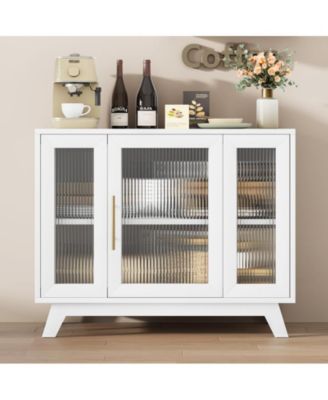 Buffet Storage Cabinet with Fluted Glass Door, 36" Modern Sideboard Cabinet with 2-Tier Storage, White Accent Cabinet for Kitchen Dining Living Room, White Top
