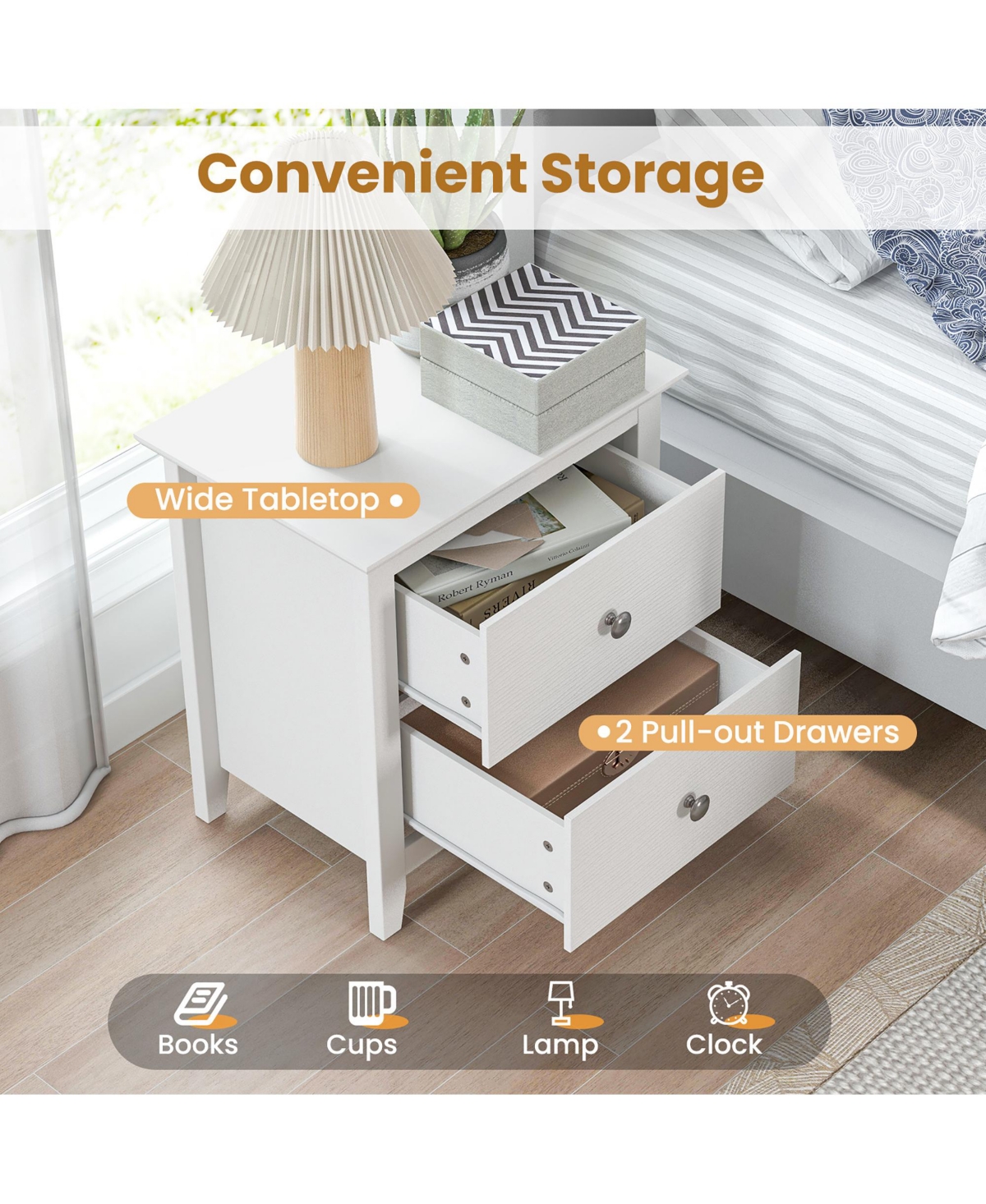 Gymax Modern Nightstand with Storage 2 Drawers & Support Legs for Bedroom- White