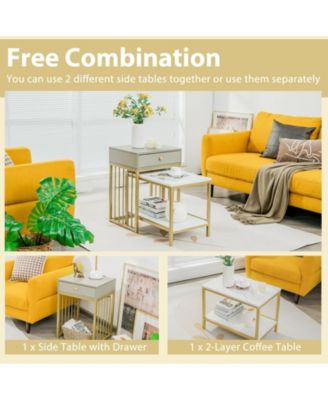2 Pieces Modern Nesting Coffee Table Set with Drawer and Shelf