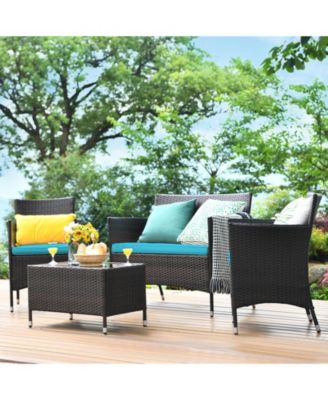 4 Pieces Patio Rattan Sofa Set with Chairs and Glass Coffee Table