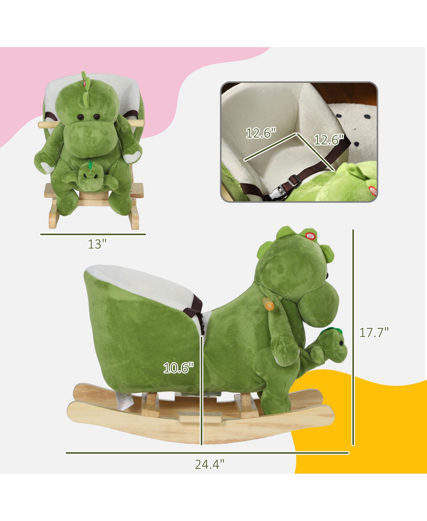 Детские игрушки Qaba Rocking Dinosaur, Wood Frame, with 32 Songs & Seat Belt, 55 lbs. Capacity, Ages 18-36 Months, цвет: Зелёный — фото 2