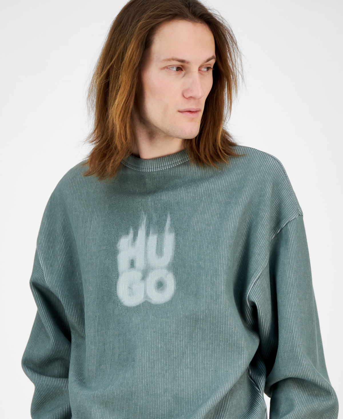 HUGO BOSS MEN'S DINKAM OVERSIZED FIT LONG SLEEVE RIBBED LOGO SWEATSHIRT 