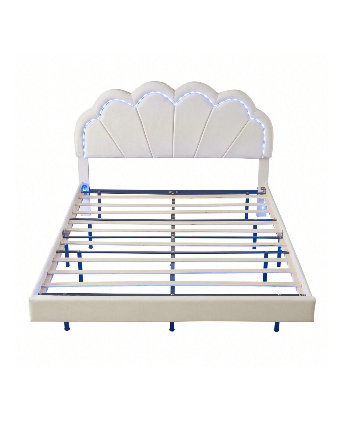 gaomon Queen Upholstered Bed Frame, Queen Platform Bed With Led Lights, Metal Legs, Flowers Headboard, Remote Control