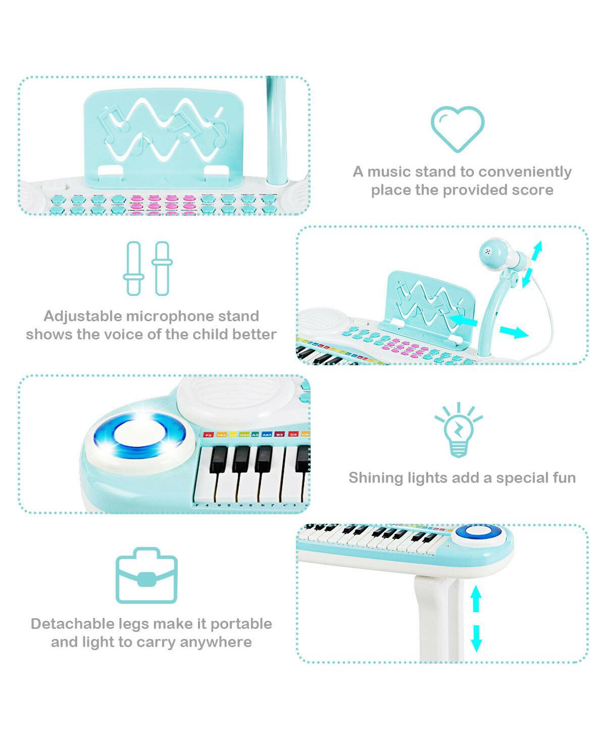 Gymax 37-Key Toy Piano Keyboard w/ Stool Microphone Electronic Organ for Kids - Blue + white