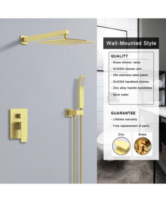 Wall-Mounted Shower Faucet Combo Set Rainfall Shower Head & Handheld, Brushed Gold Finish