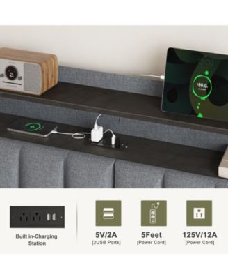 Queen/Full Size Bed Frame w/Storage Headboard & Charging Station & LED Light No Box Spring Needed, Full