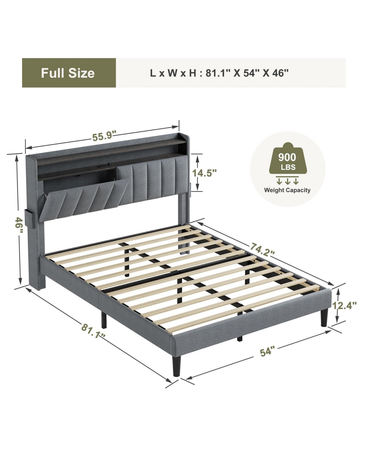 Hausource Queen/Full Size Bed Frame w/Storage Headboard & Charging Station & Led Light No Box Spring Needed,