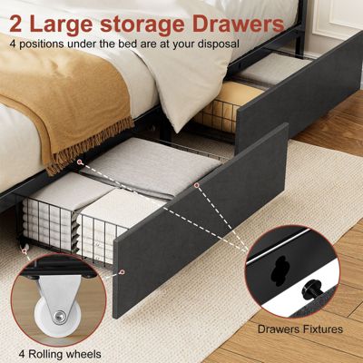 Upholstered King Bed Frame with LED Display Headboard, 2 Storage Drawers, Charging Station, Gray