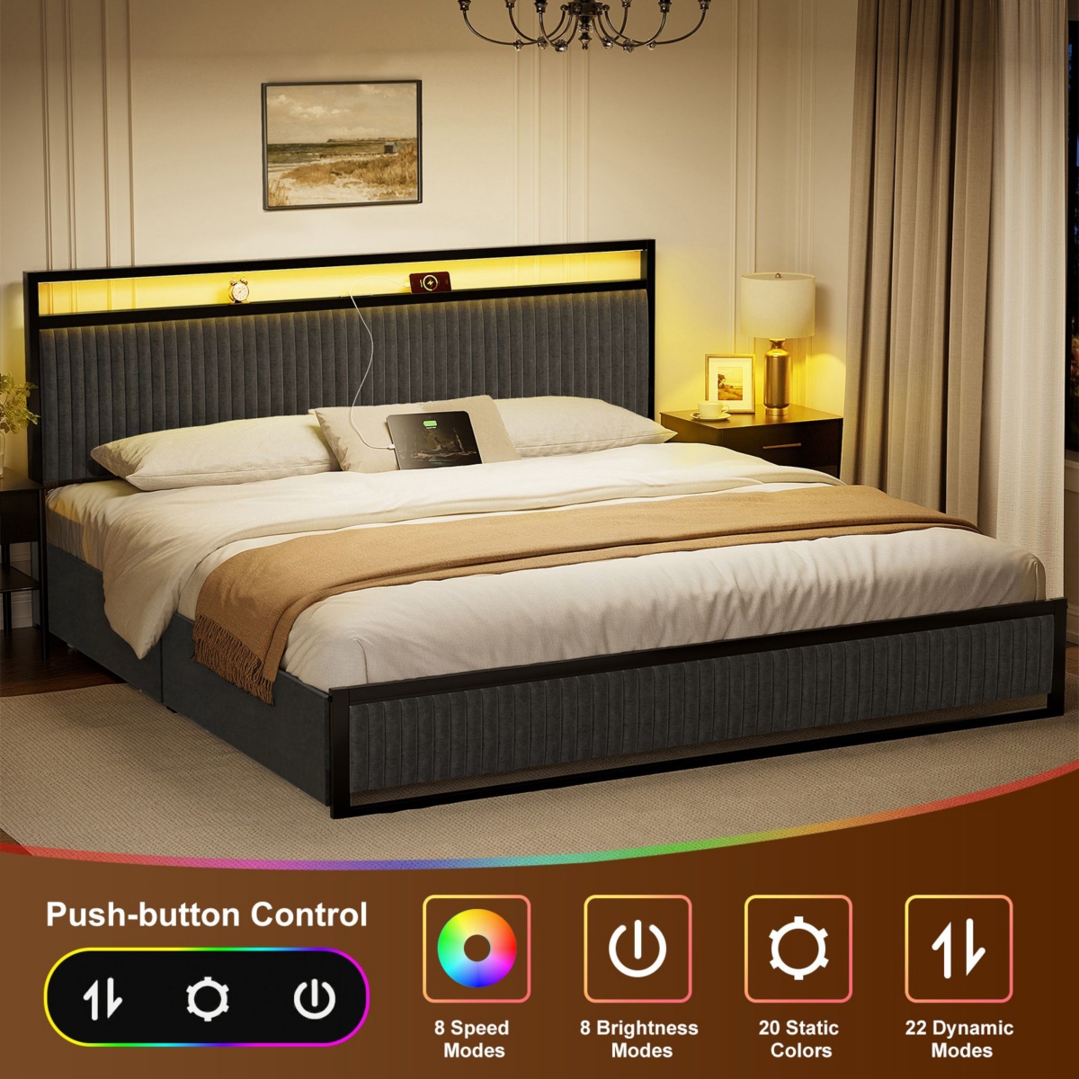 Hausource Full Bed Frame with Bookcase Storage Headboard and 2 Drawers Platform Bed No Box Spring Needed - Gray