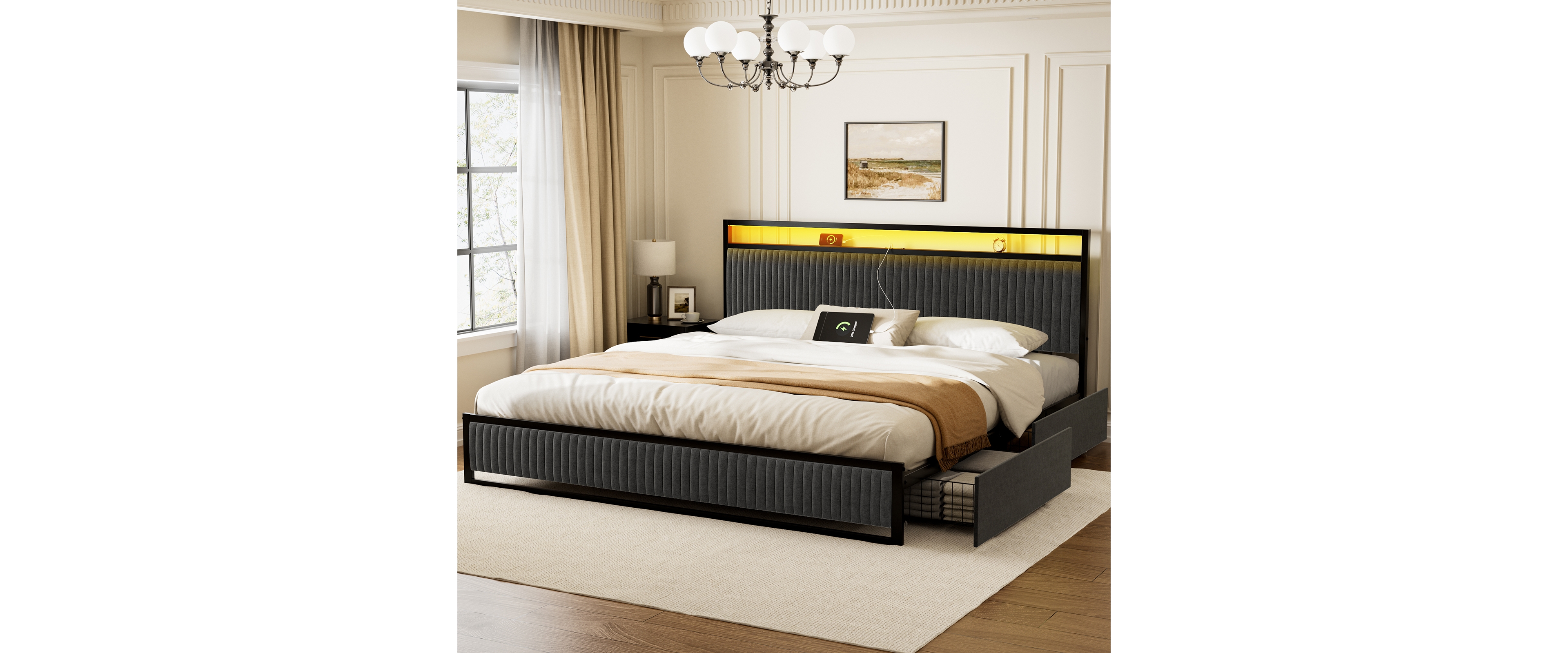 Hausource Full Bed Frame with Bookcase Storage Headboard and 2 Drawers Platform Bed No Box Spring Needed - Gray