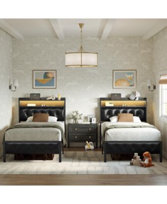 King/Twin Size Bed Frame with Storage Headboard & Charging Station Upholstered Platform Bed, Twin