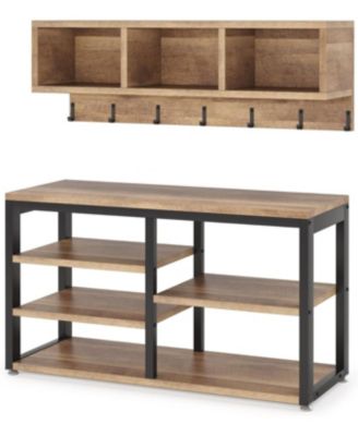 Coat Rack Set and Industrial Shoe Bench, 3 Storage Cubbies, 7 Hooks for Entryway, Hallway, 5-in-1Design