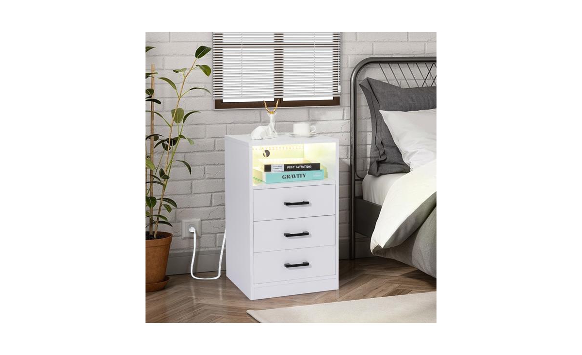 Slickblue Triamine Bedside Table with 3 Drawers, Socket, and Led Light Stylish and Functional Nightstand for Bedrooms