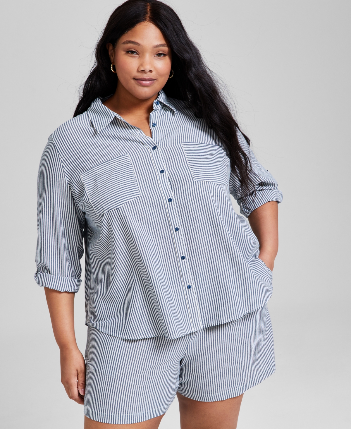 Trendy Plus Size Striped Roll-Tab Shirt, Exclusively at Macy's - Tan Stripe