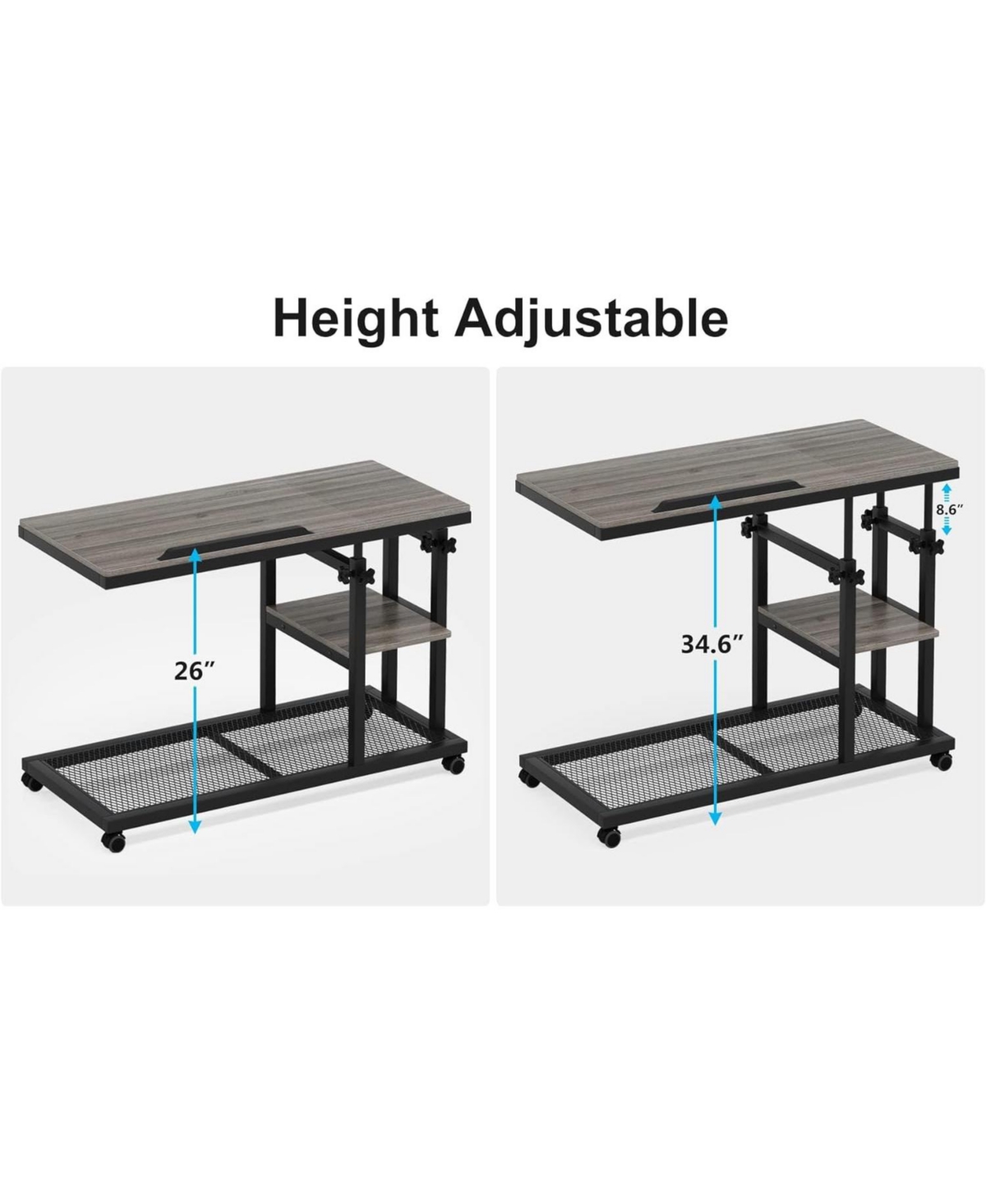 Tribesigns Height Adjustable C Table with Wheels and Tiltable Drawing Board, Sofa Bedside Laptop Stand C Shaped Tv Tray with Storage Shelves