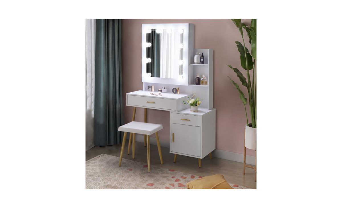 Slickblue Triamine Veneer Mirror Cabinet with Iron Legs 2 Drawers, 1 Door, and 2 Shelves for Stylish Storage