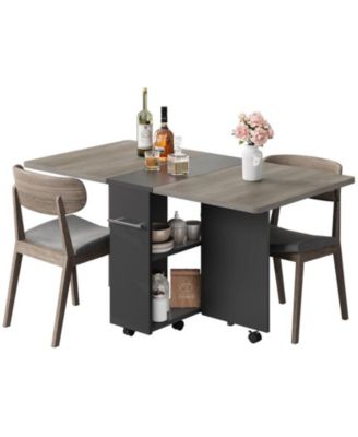 1 PC Wood Space Saving Folding  Dining Table with 2 Tier Storage-Extendable Drop Leaf Farmhouse Kitchen Dining Room Table