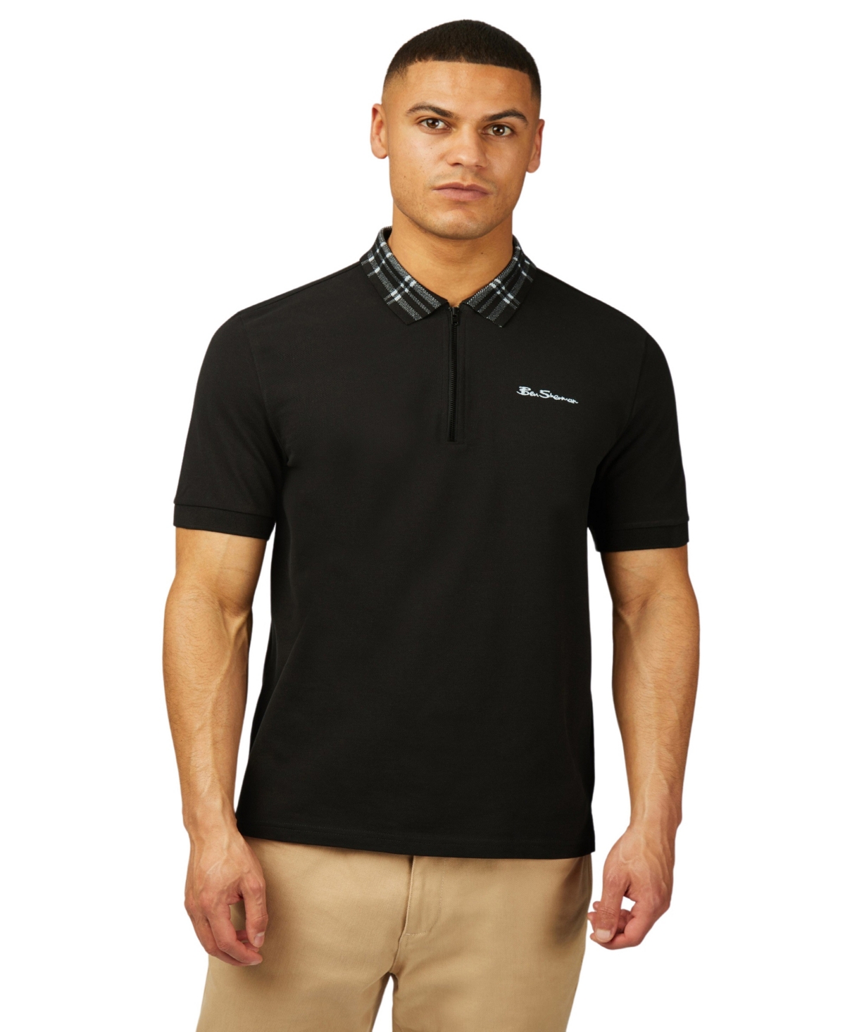 Men's Tartan Collar Polo Shirt - Black