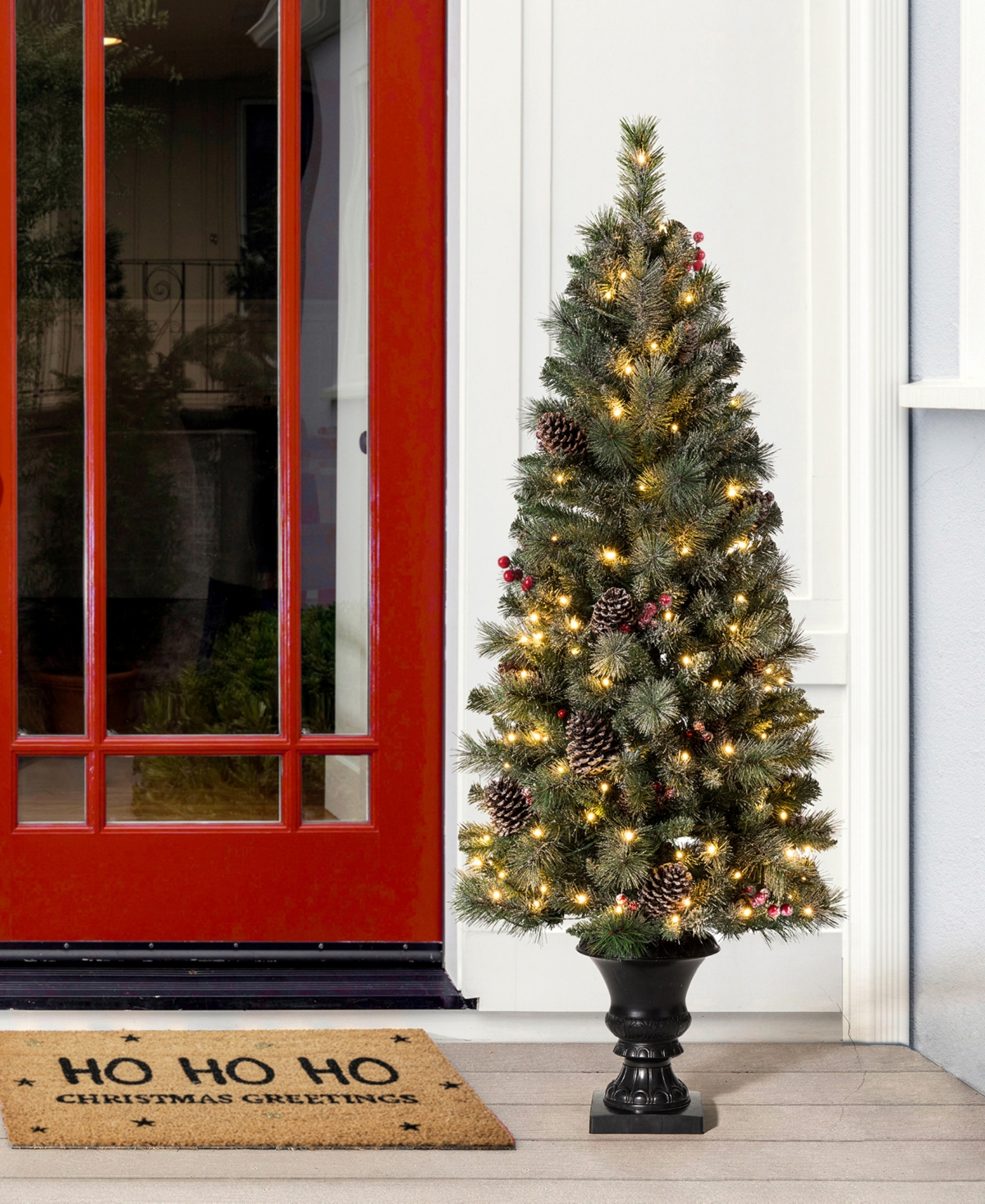 Glitzhome Pre-lit Flocked Pine Artificial Christmas Porch Tree, 5 Feet In Multi Color