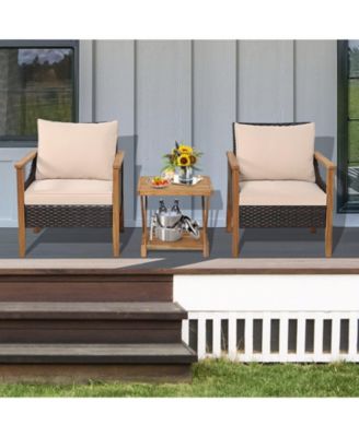 3 Pieces Patio Wicker Furniture Set with 2-Tier Side Table and Cushioned Armchairs