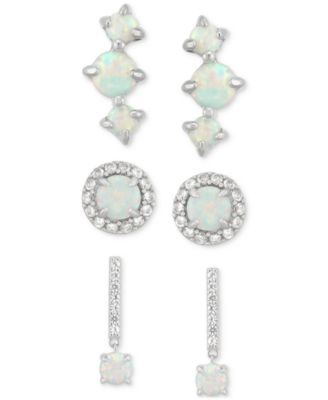 Macy's - 3-Pc. Set Lab-Created Opal (7/8 ct. t.w.) & Lab-Created White Sapphire Stud & Drop Earrings in Sterling Silver