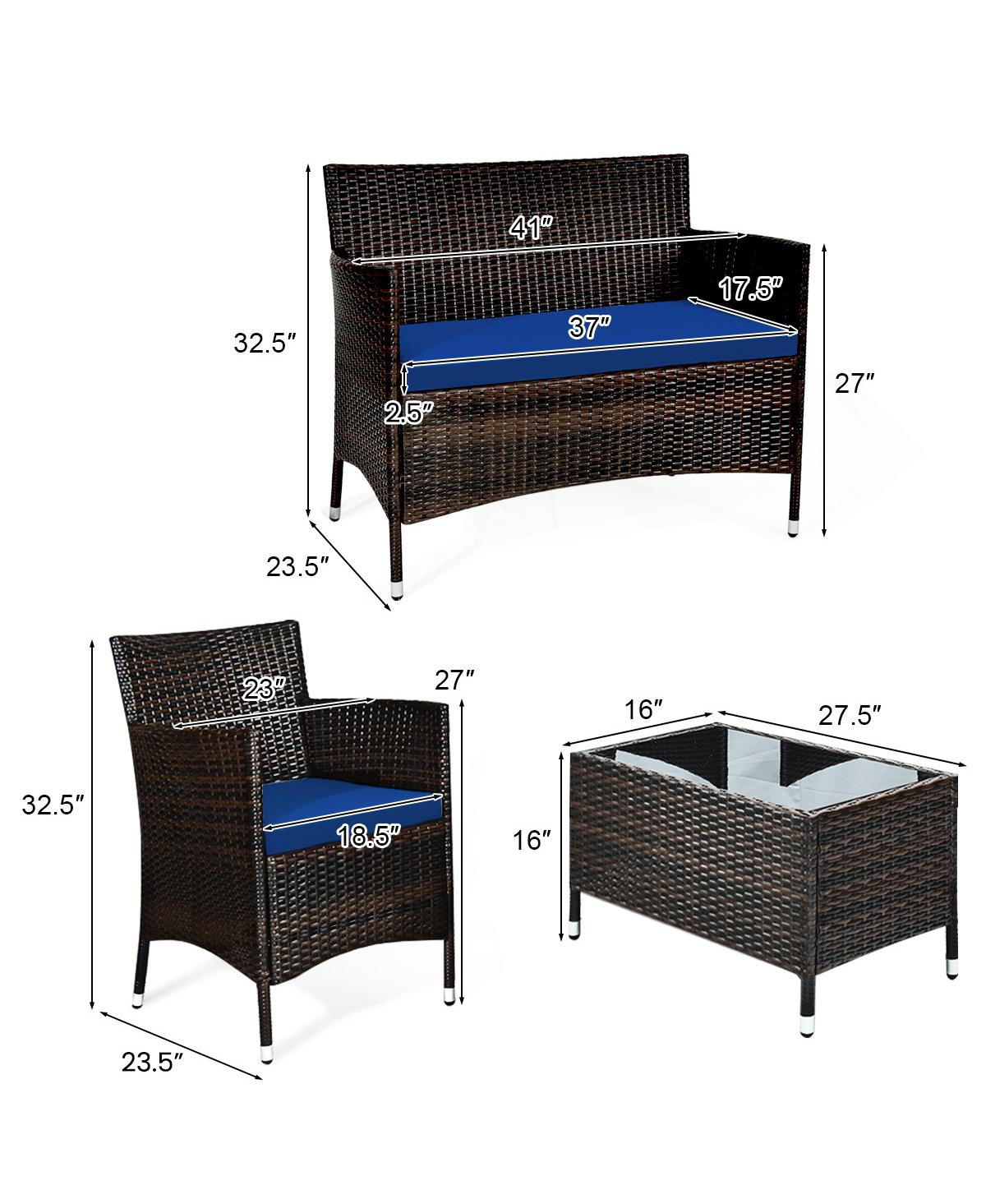 Sugift 4 Pieces Rattan Sofa Set with Glass Table and Comfortable Wicker for Outdoor Patio-Navy
