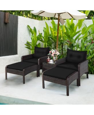 5 Pieces Patio Rattan Sofa Ottoman Furniture Set with Cushions-Black