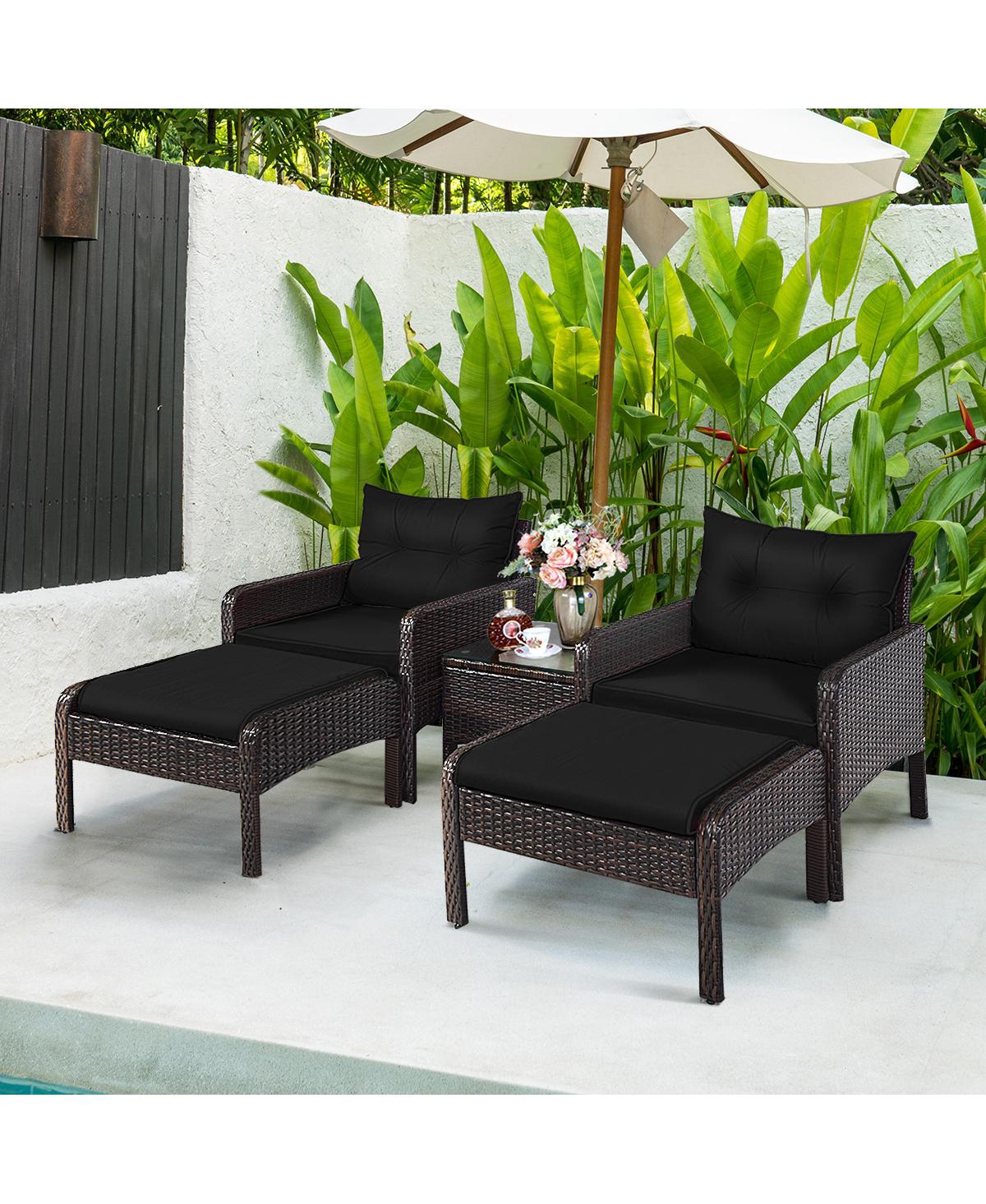 Sugift 5 Pieces Patio Rattan Sofa Ottoman Furniture Set with Cushions-Black