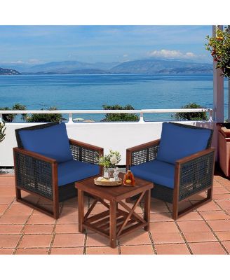 3 Pieces Patio Wicker Furniture Set with Acacia Wood Coffee Table and Washable Cushion-Navy