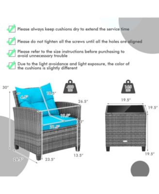 3 Pieces Outdoor Wicker Conversation Set with Tempered Glass Tabletop-Turquoise